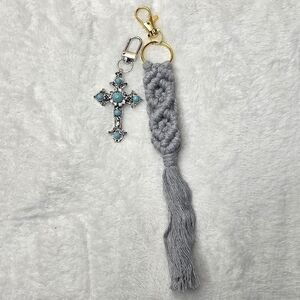 Elegant Gray Macrame Tassel With Cross Bag Purse Backpack Charm Keychain